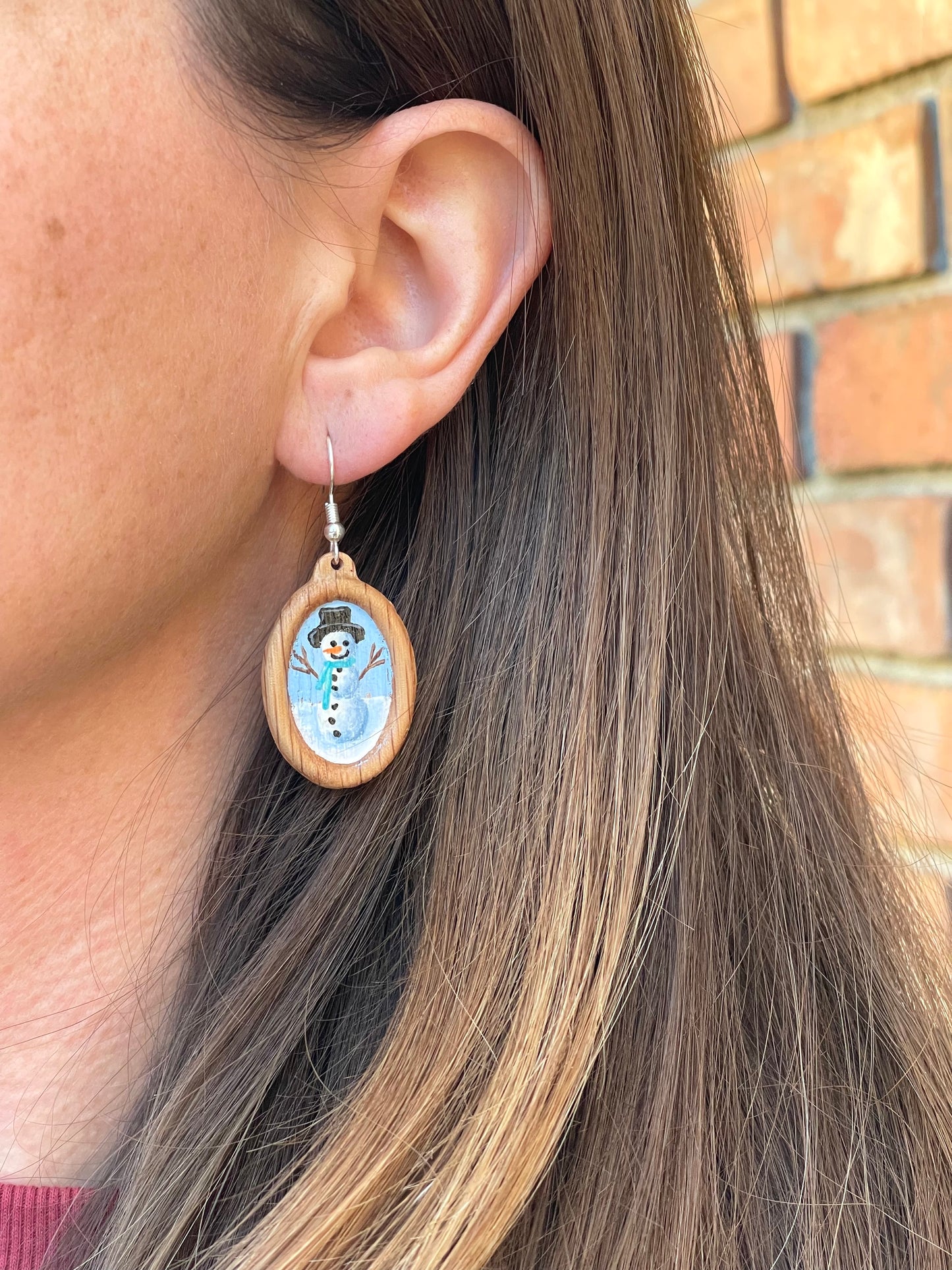Miniature Art Earrings- Snowman with aqua scarf