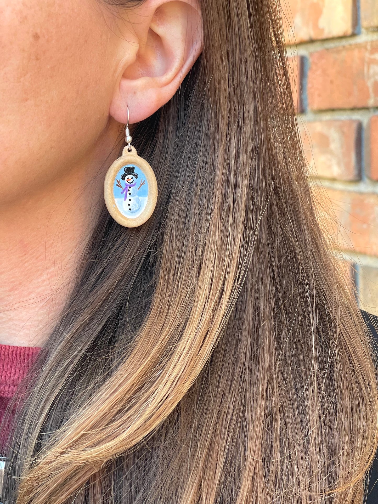 Miniature Art Earrings- Snowman with purple scarf