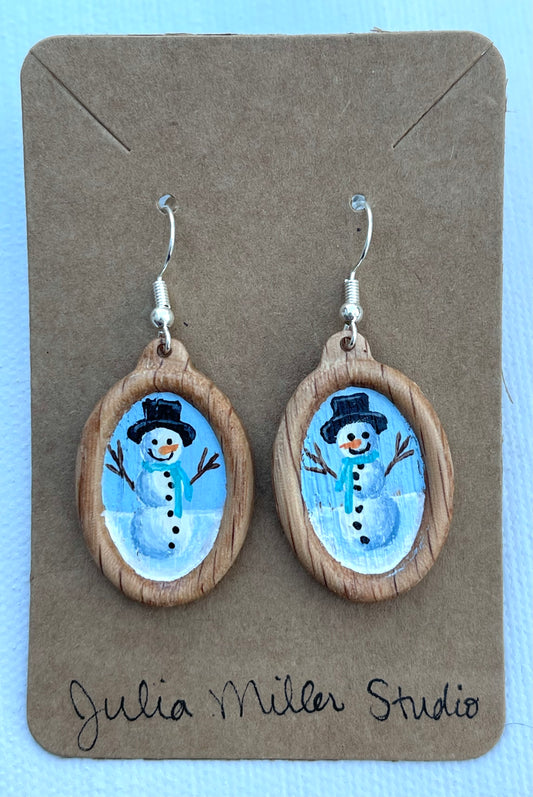 Miniature Art Earrings- Snowman with aqua scarf