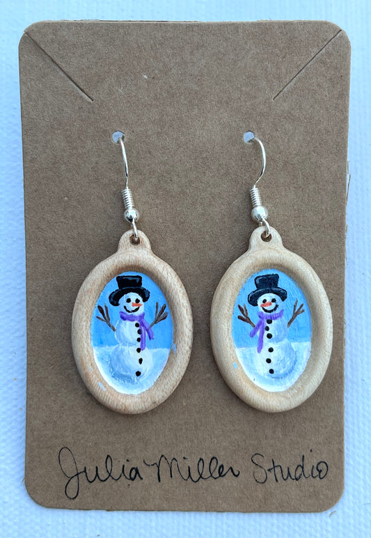 Miniature Art Earrings- Snowman with purple scarf