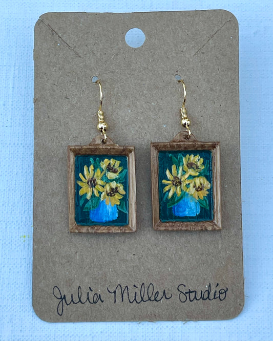 Miniature Art Earrings- sunflowers in blue vase