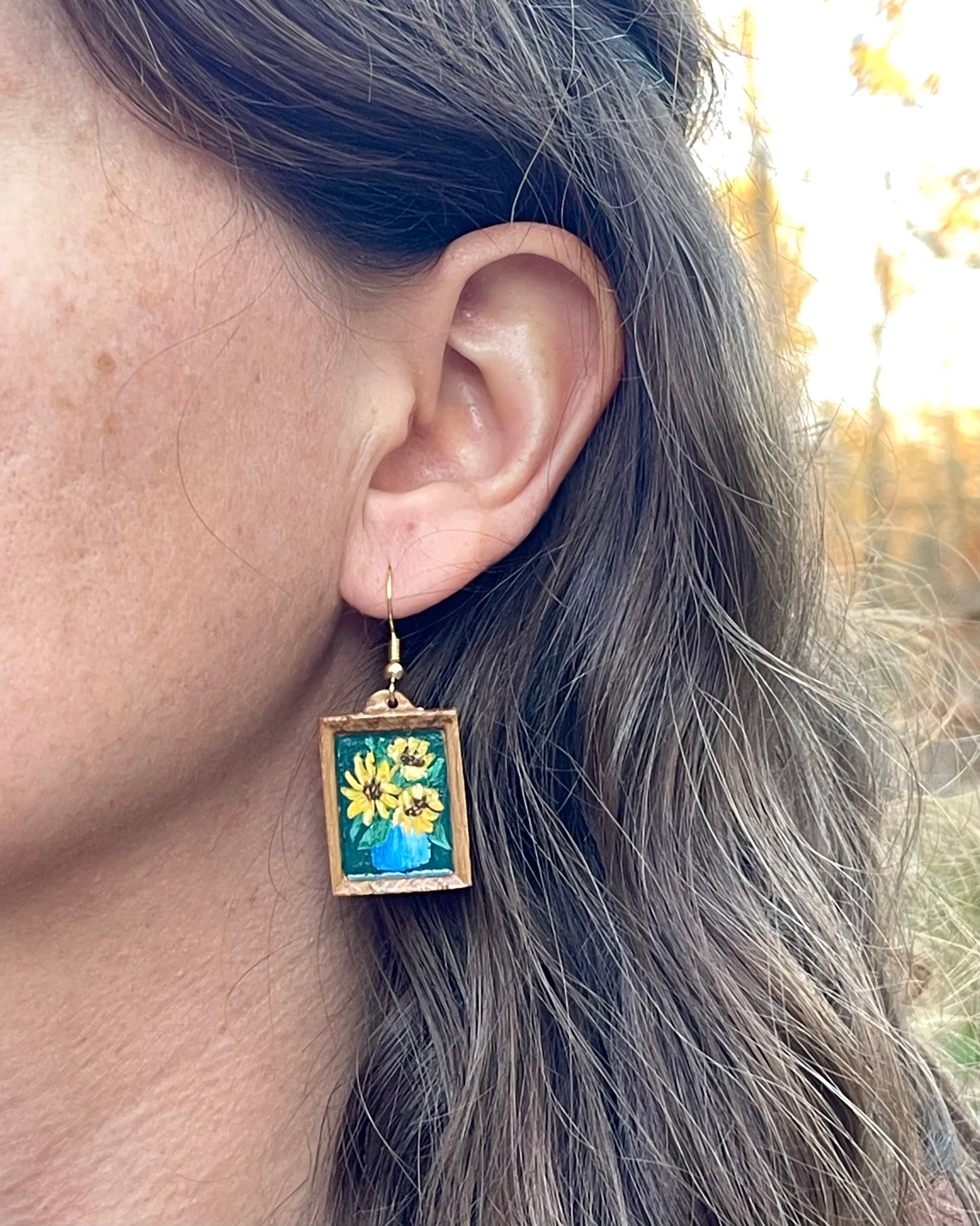Miniature Art Earrings- sunflowers in blue vase